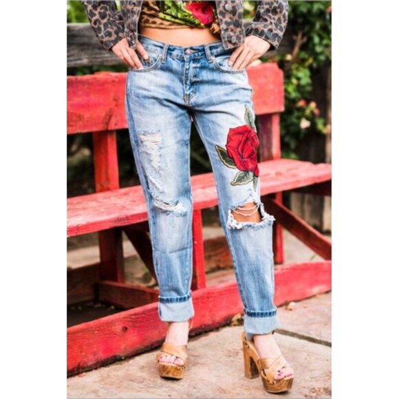 Rodeo Quincy Ella Rose Embroidered Distressed Boyfriend Jeans